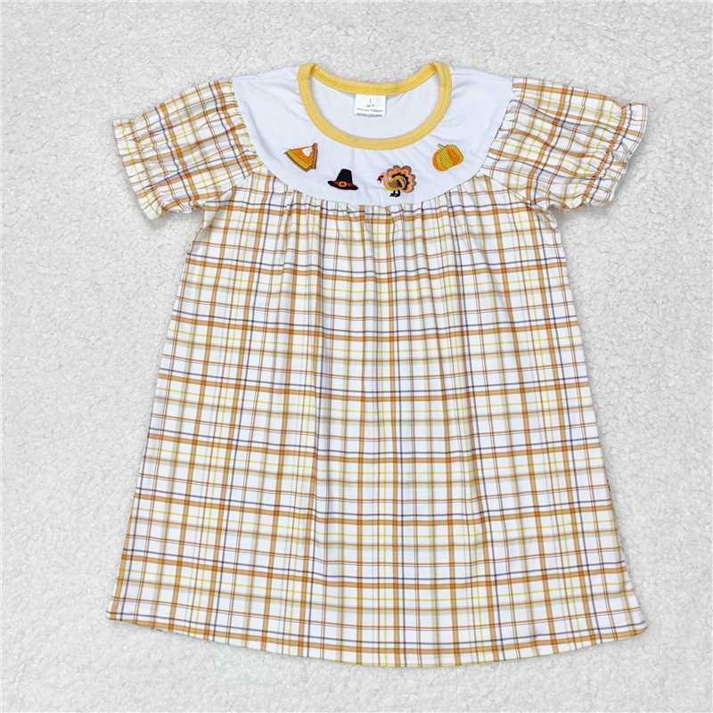 GSD1322 Embroidered hat turkey pumpkin orange and yellow plaid short-sleeved dress