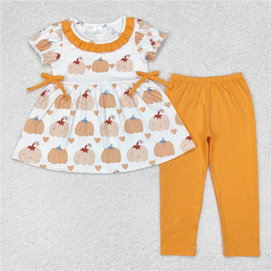 GSPO1566 Pumpkin heart orange lace bow short-sleeved trousers suit