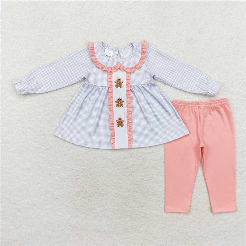 GLP1330 Embroidered gingerbread man pink lace doll collar blue plaid long sleeve trousers suit