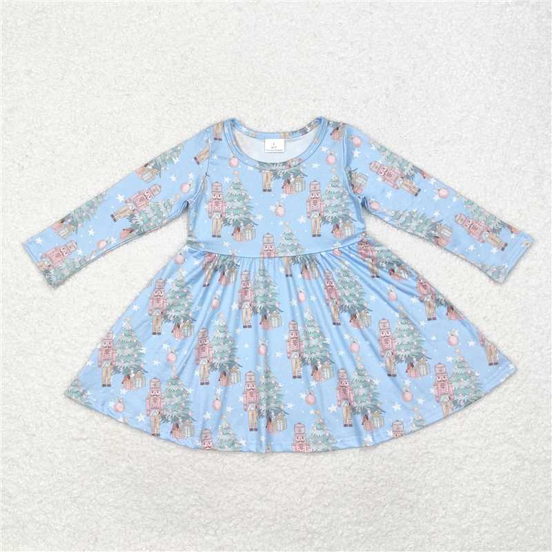 GLD0722 Christmas tree nutcracker star blue long sleeve dress