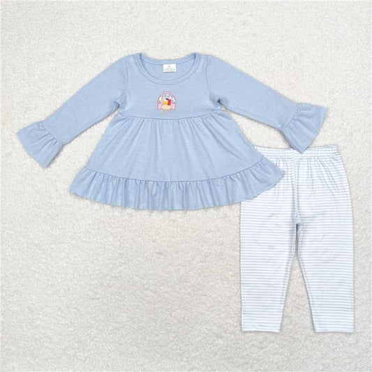 GLP1384 Embroidered turkey blue long-sleeved striped trouser suit