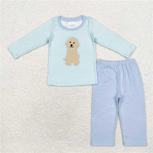 BLP0592 Embroidered puppy stripe long-sleeved blue trouser suit