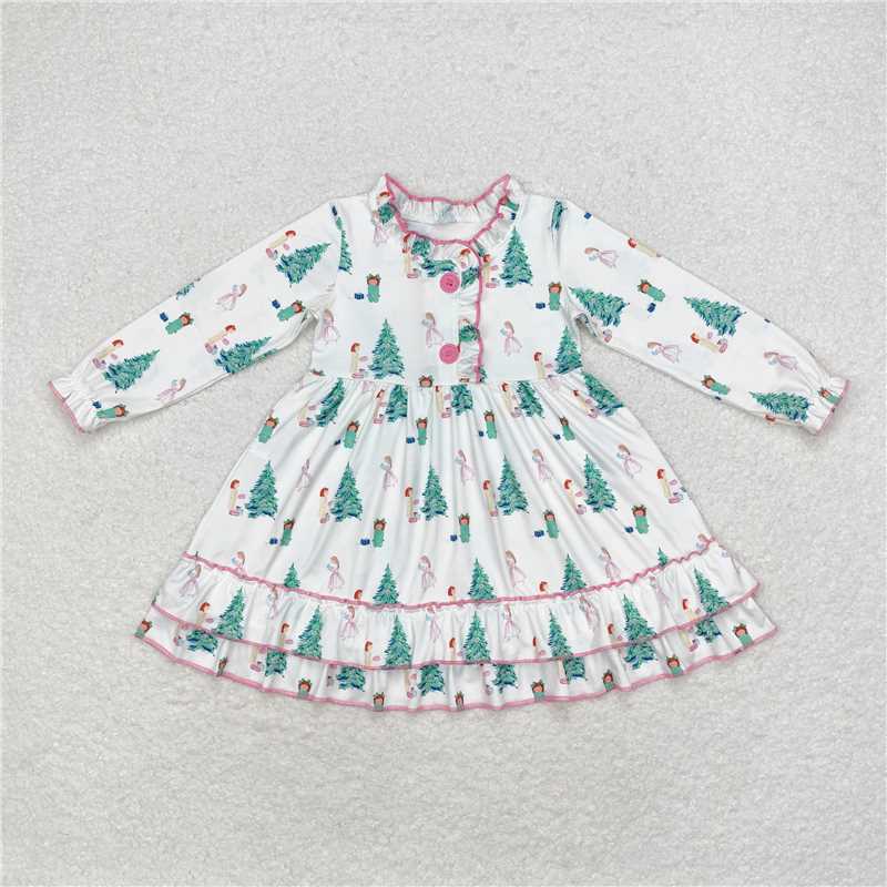 GLD0622 Girls' Christmas tree gift white long-sleeved dress