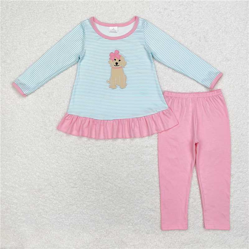 GLP1376 Embroidered bow and puppy stripes long-sleeved pink trouser suit