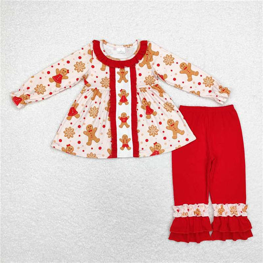 GLP1697 Gingerbread man lace pink long-sleeved top and red trousers set