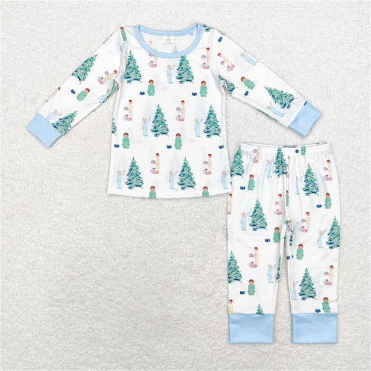 BLP0633 Modal Boys Christmas Tree Gift Blue and White Long Sleeve Long Pants Pajama Set