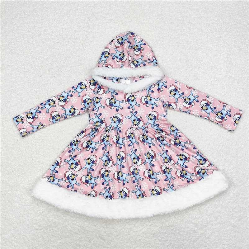 GLD0724 bluey snowflake Christmas white frayed pink hooded long-sleeved dress