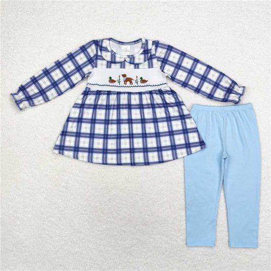 GLP1599 Embroidered duck and puppy plaid doll collar long-sleeved blue trousers suit