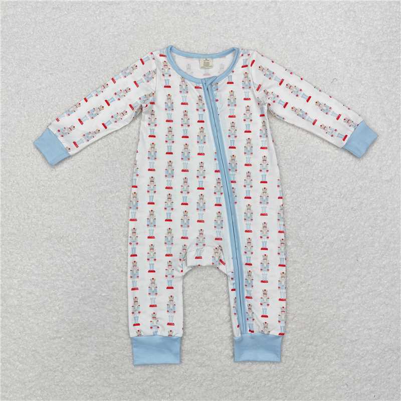 LR1184 Modal Christmas cartoon nutcracker blue and white zipper long-sleeved jumpsuit