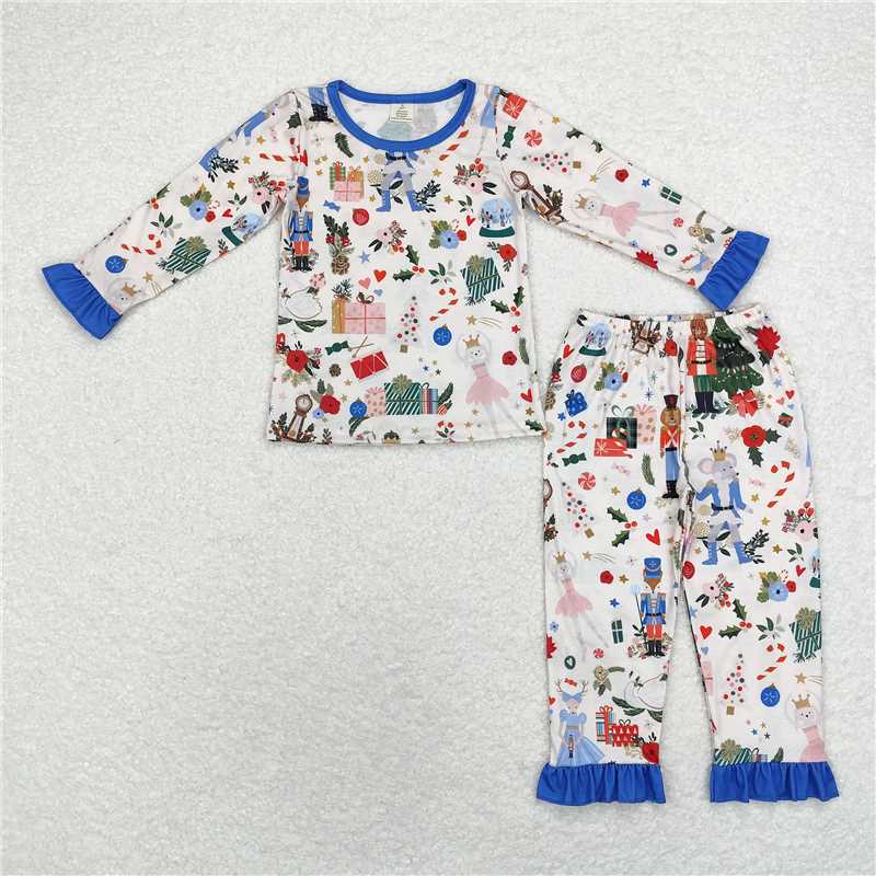 GLP1475 Modal Christmas tree nutcracker blue lace beige long-sleeved trousers pajama set