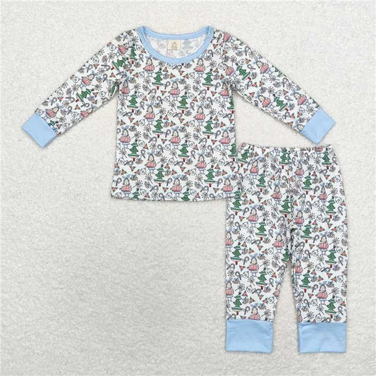 BLP0699 Modal Christmas tree cane girl gift blue and white long-sleeved long pants pajamas set