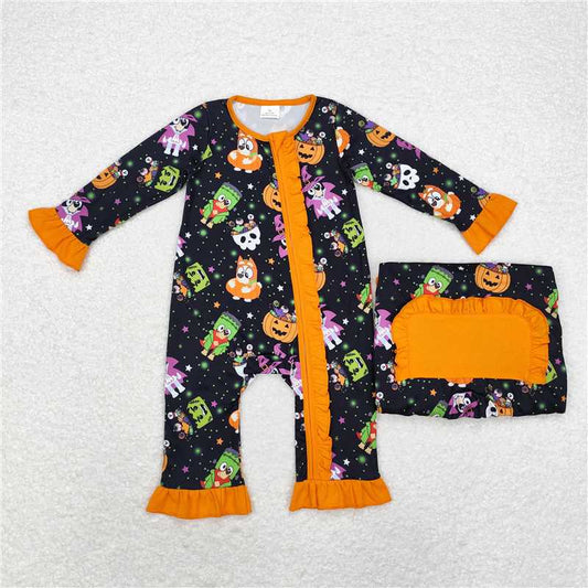 LR1694 bluey Halloween pumpkin star lace black and orange zipper long-sleeved jumpsuit