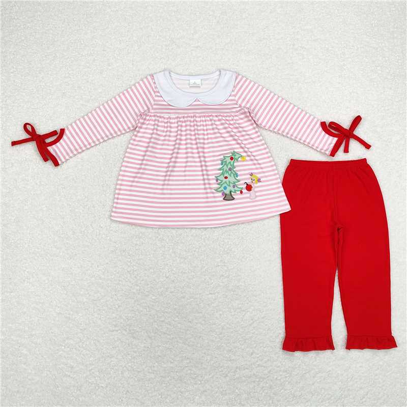 LP1677 Embroidered Christmas tree pink striped collar long-sleeved top and red trousers set