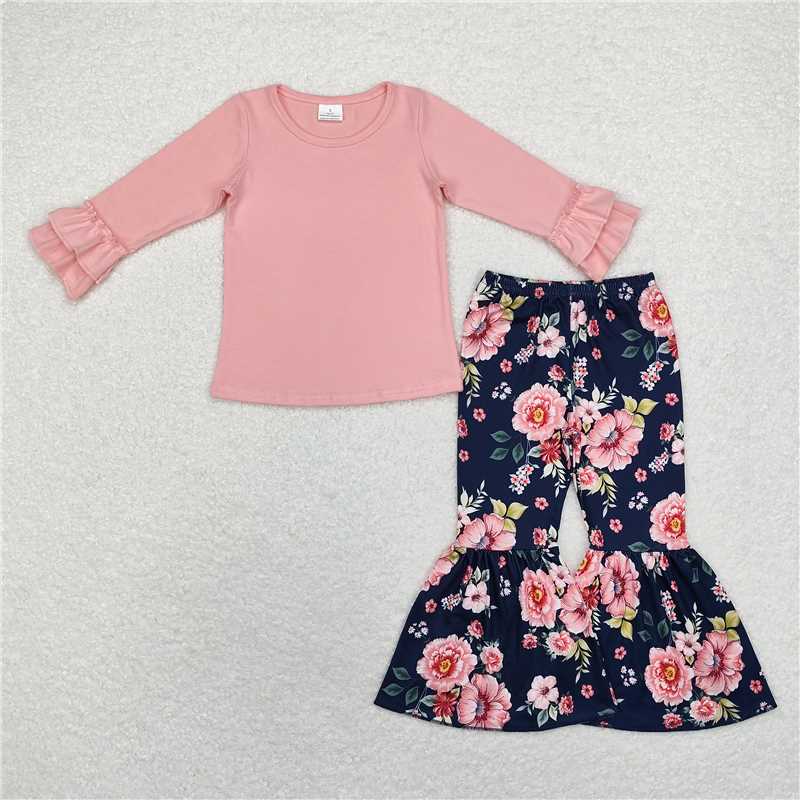 GLP1684 Pure pink lace long-sleeved top with floral navy blue flared trousers set