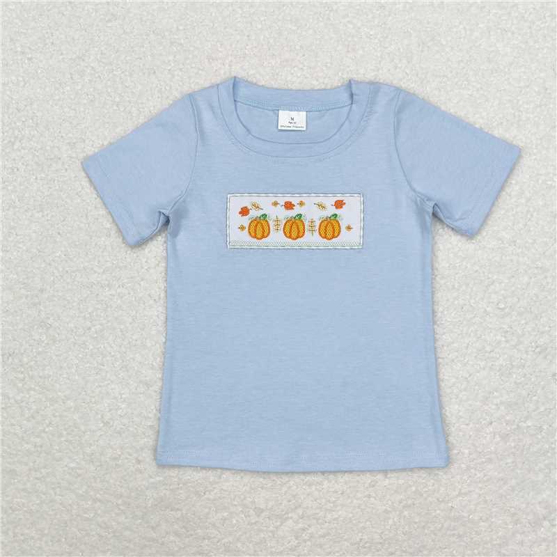 BT0833 Blue short-sleeved top with embroidered pumpkin pattern