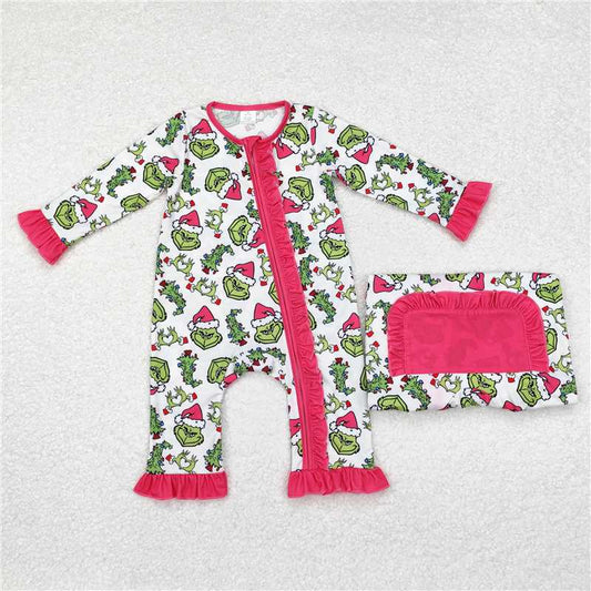 LR1337 Bamboo grinch Christmas tree rose red lace white zipper long-sleeved jumpsuit