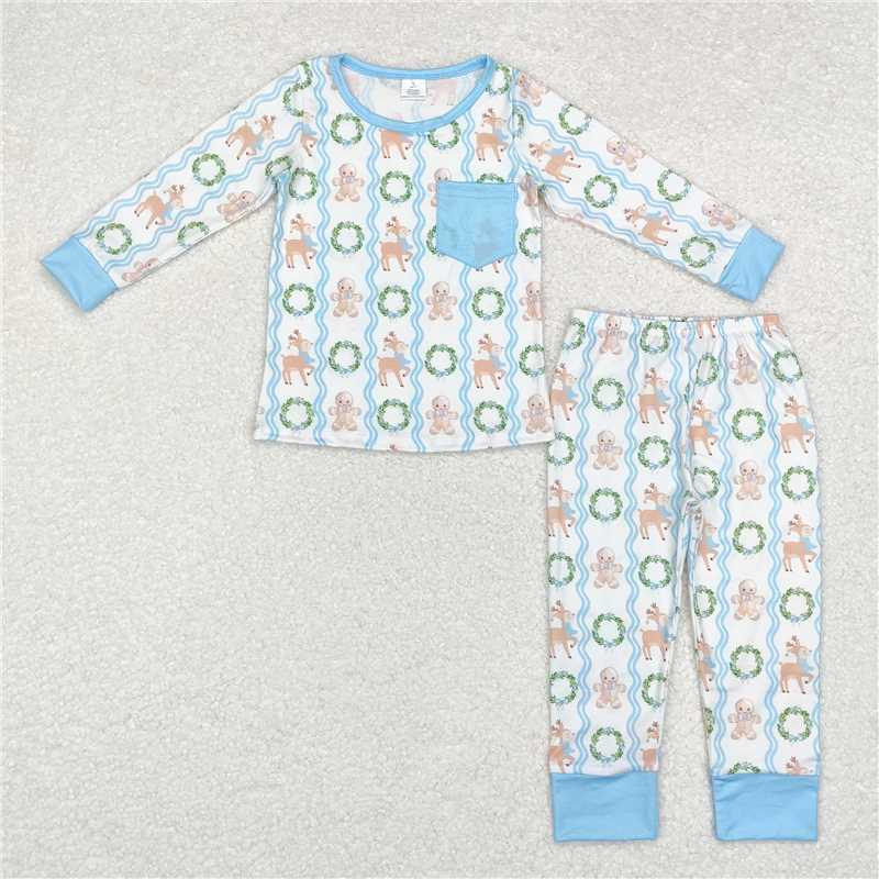 BLP0483 Modal Gingerbread Man Deer Wreath Blue Pocket Long Sleeve Suit