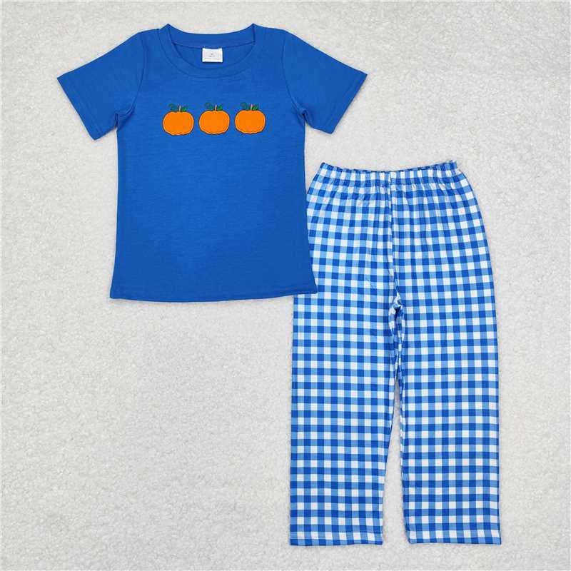 BSPO0468 Embroidered pumpkin blue short-sleeved plaid trousers suit