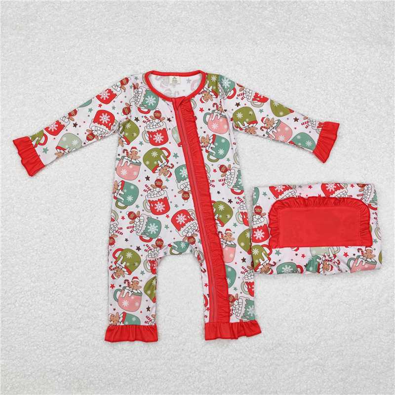 LR1509 Modal Christmas gingerbread man cup red lace zipper long-sleeved jumpsuit