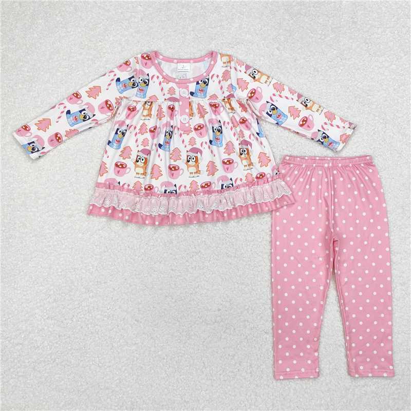 GLP1732 bluey Christmas cup cane polka dot pink lace long sleeve trousers suit