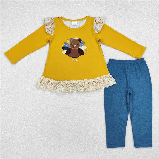 GLP1542 Embroidered turkey lace yellow long sleeve blue trousers suit