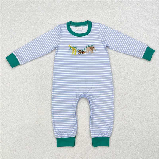 LR1616 Embroidery animal giraffe tiger elephant striped blue green long sleeve jumpsuit