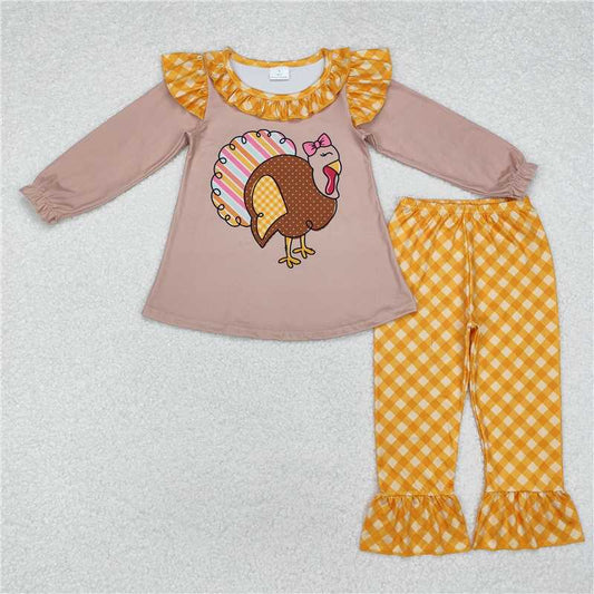 GLP1410 Colorful striped turkey orange plaid brown long sleeve trousers set