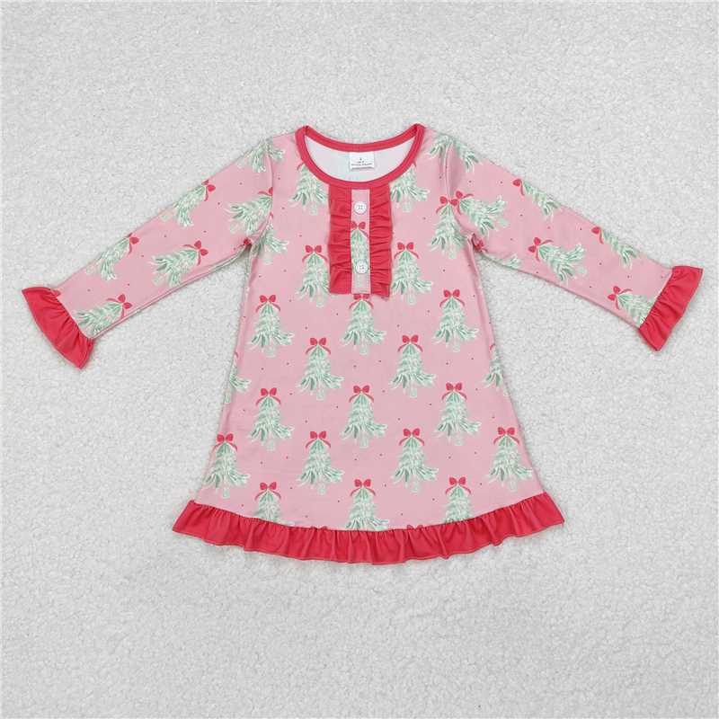 GLD0636 Christmas tree bow pattern rose red lace pink long-sleeved dress