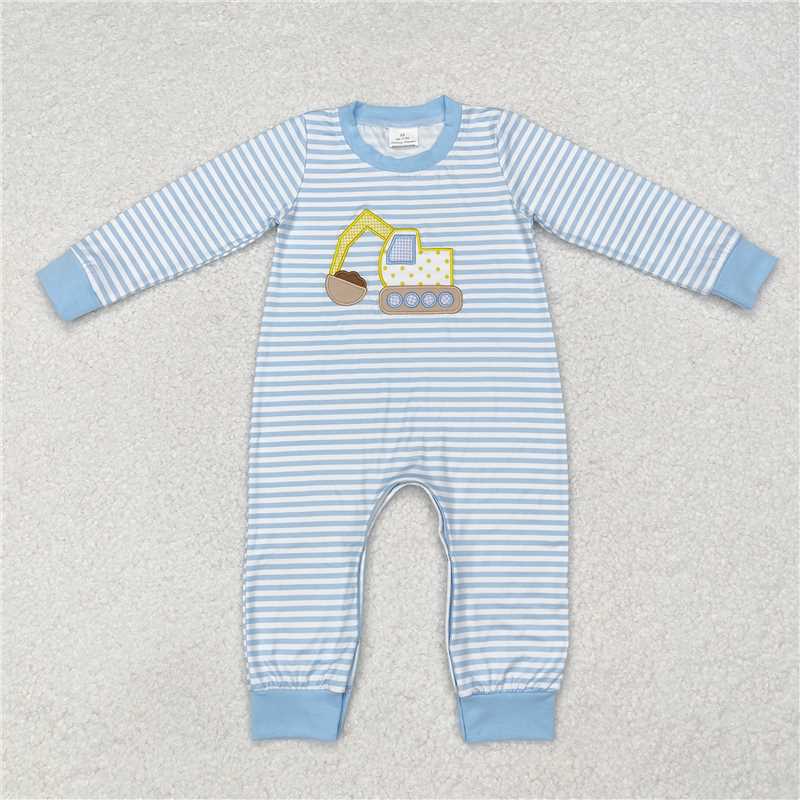 LR1617 Embroidered excavator engineering vehicle striped blue-green long-sleeved jumpsuit