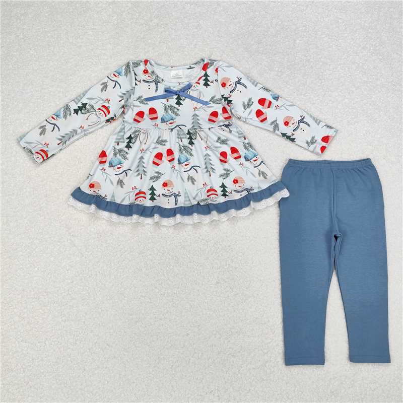 GLP1778 Christmas snowman gloves lace blue long sleeve trousers set