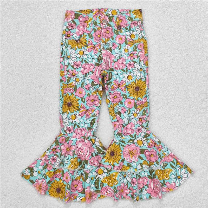 P0633 Pink and yellow floral green denim trousers