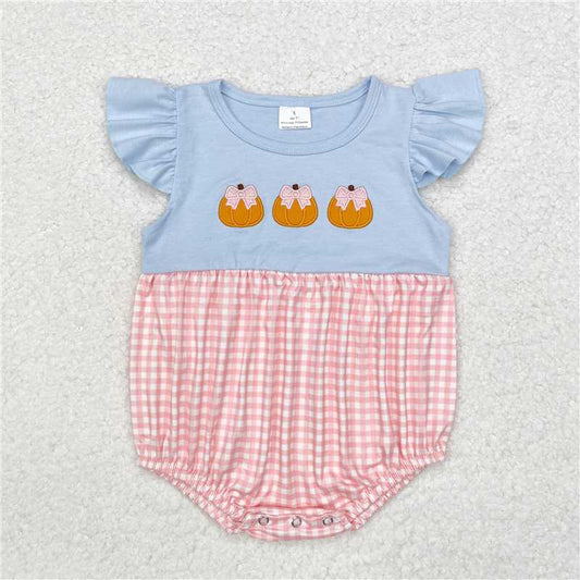 SR1962 Pink plaid short-sleeved bodysuit with embroidered pumpkin pattern