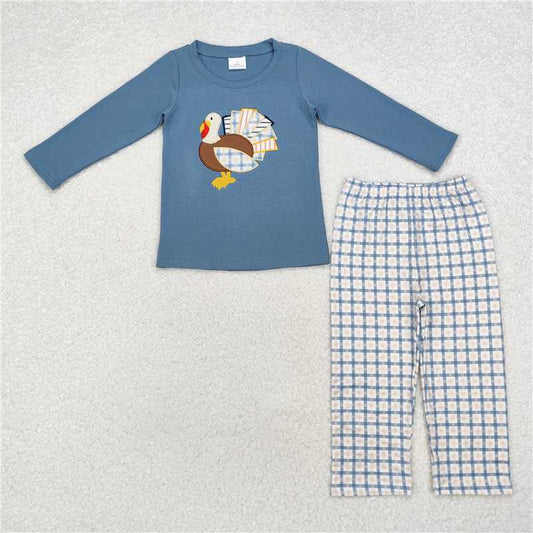 BLP0742 Embroidered Turkey Haze Blue Long Sleeve Plaid Trousers Set