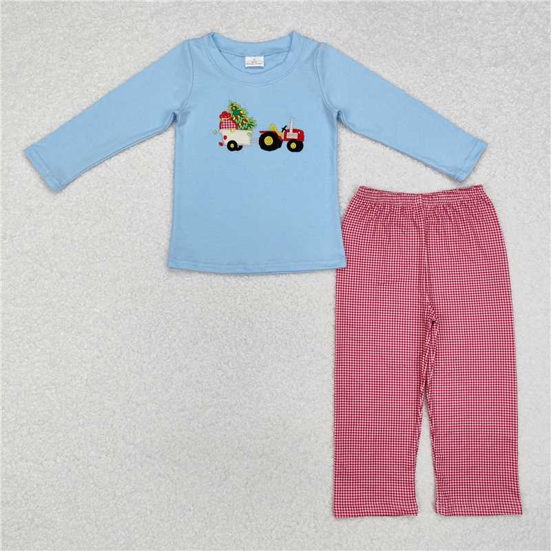 BLP0745 Embroidered Christmas tree tractor blue long sleeve red plaid trousers suit