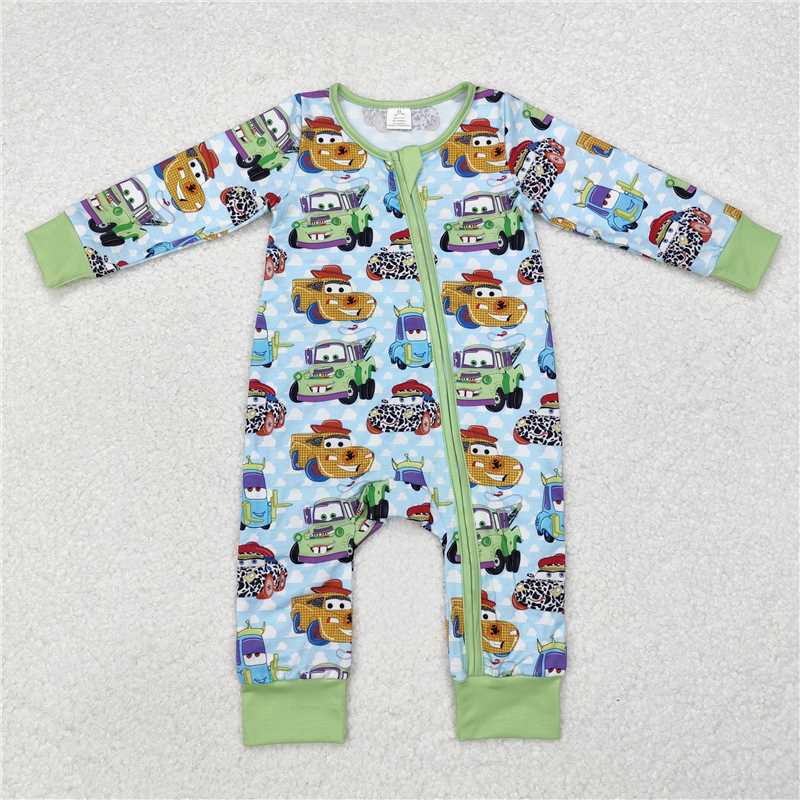 LR1622 Modal cars cartoon car white cloud blue green zipper long sleeve jumpsuit