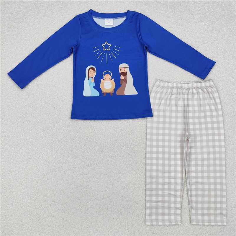 BLP0723 Jesus blue long-sleeved plaid trouser suit