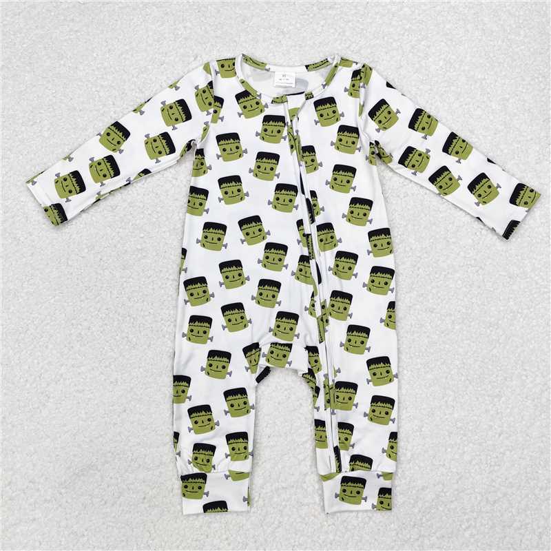 LR1471 Halloween green monster white zipper long sleeve jumpsuit