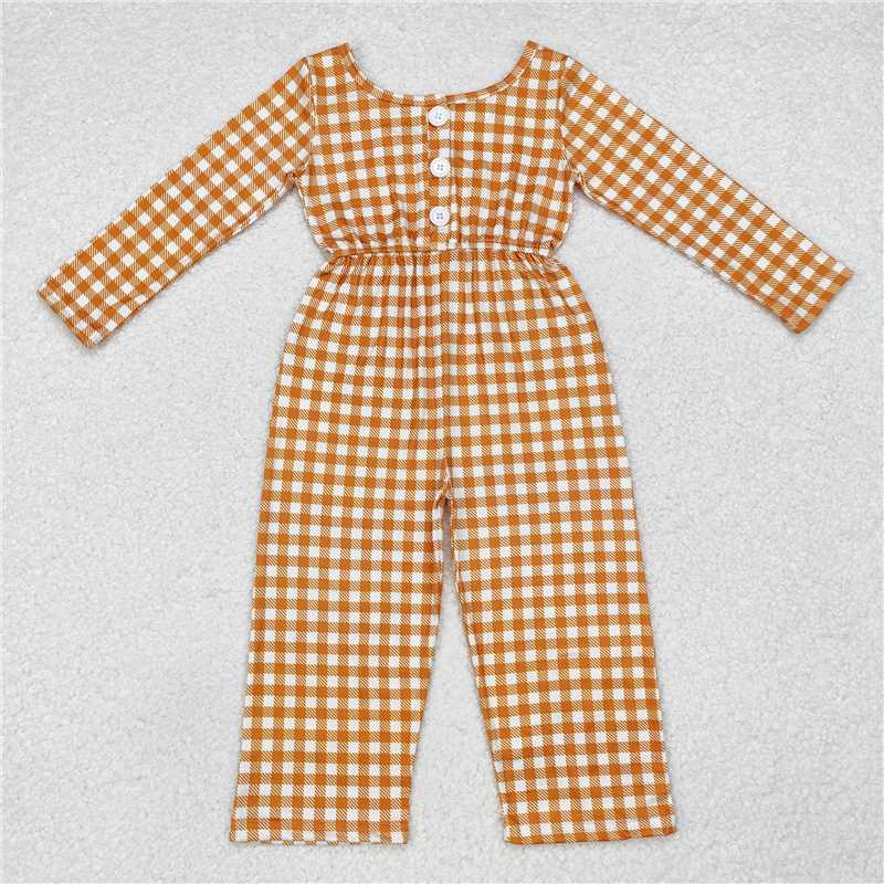 LR1840 Orange plaid long-sleeved jumpsuit with pockets