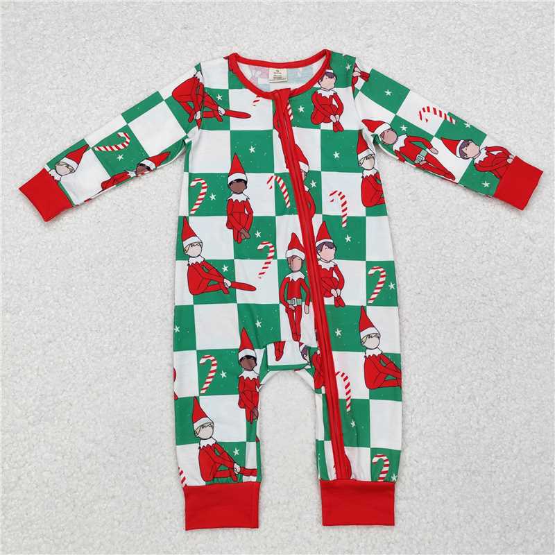 LR1817 Modal Christmas Elf Cane Green and White Plaid Zipper Long Sleeve Bodysuit