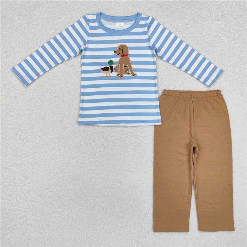 BLP0805 Embroidered duck and puppy blue and white stripes long sleeve brown trousers suit