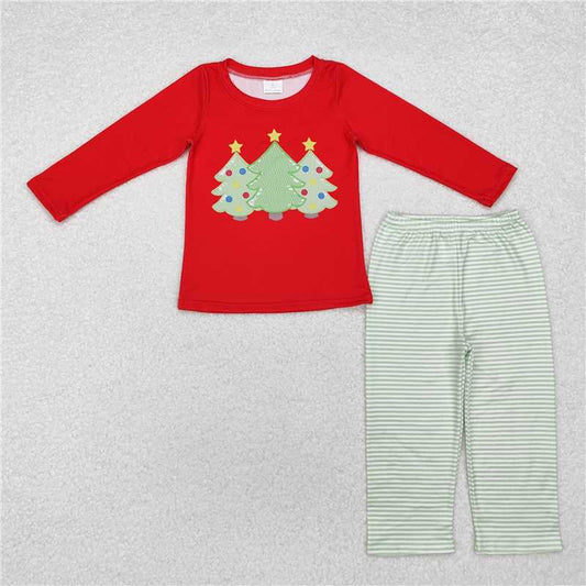 BLP0773 Christmas tree pattern red long-sleeved top and green striped trousers set