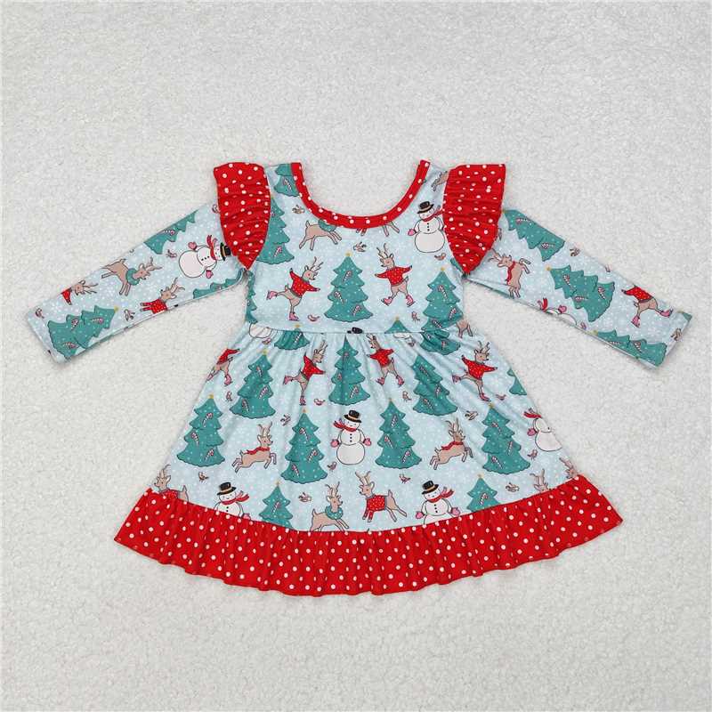 GLD0794 Christmas tree snowman reindeer snowflake polka dot red lace long sleeve dress