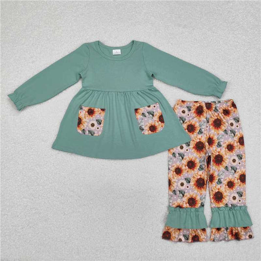 GLP1612 Sunflower flower pocket green long sleeve trousers suit