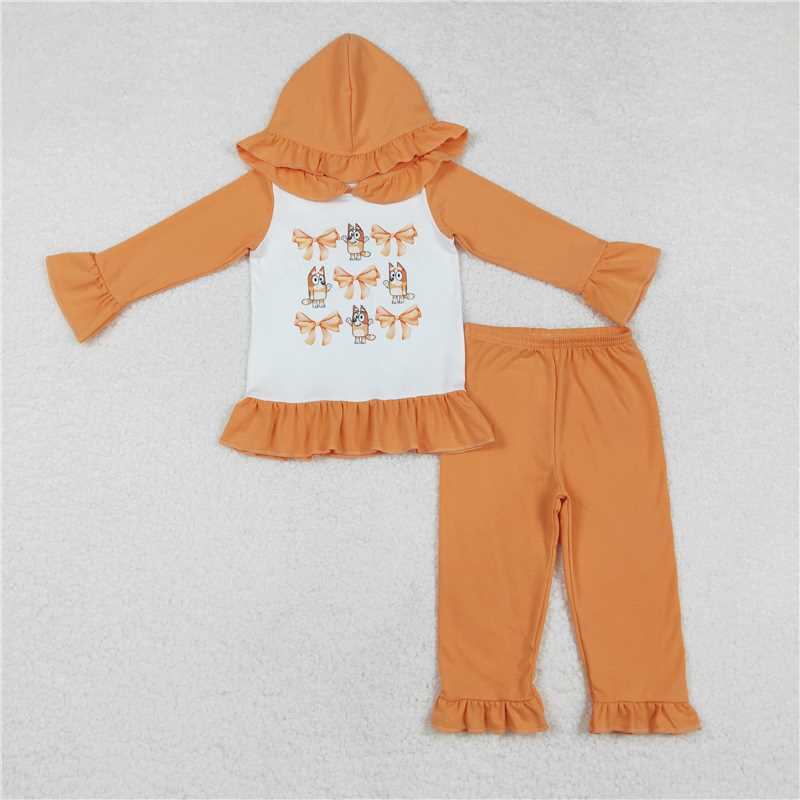 GLP1948 Bluey bow pattern orange lace hooded long-sleeved trousers set