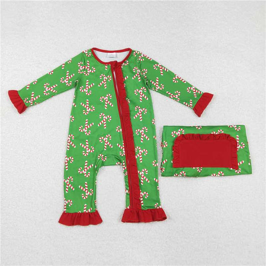 LR1236 Santa Claus Cane Red Lace Green Zipper Long Sleeve Bodysuit