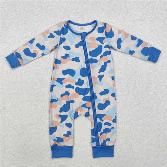 LR1574 Modal camouflage sky blue zipper long sleeve jumpsuit