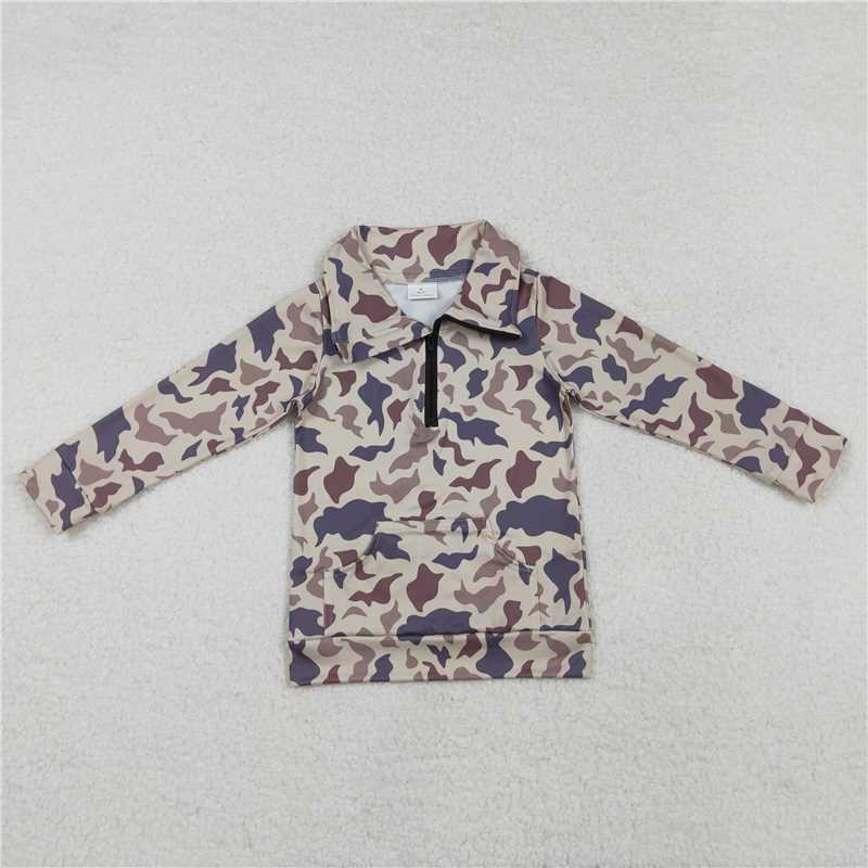 BT1037 Pocket camouflage light brown zipper long sleeve top