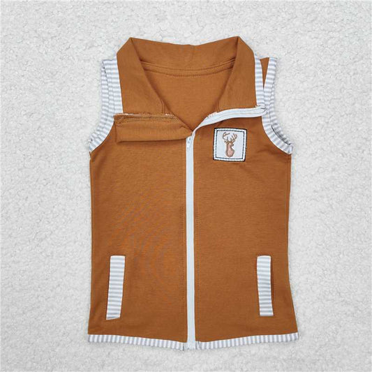 BT0855 Brown sleeveless zip-up vest with embroidered antler stripes