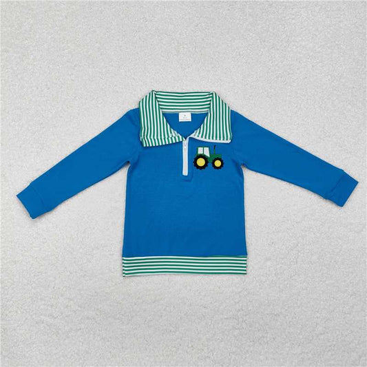 BT0892 Embroidered tractor green stripe collar blue zipper long sleeve top