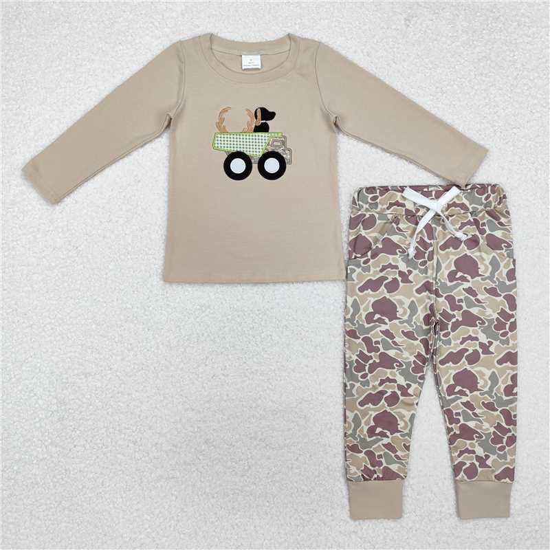 6.24BLP0886 Embroidered Deer Horns Puppy Truck Long Sleeve Camouflage Pants Set